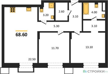 Планировка двухкомнатной(квартира) площадью 68.6 квадратных метров в ЖК “ЖК Резиденции Сколково”