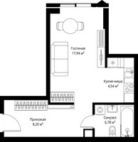 Планировка студии(квартира) площадью 37.46 квадратных метров в “ЖК Джойс”