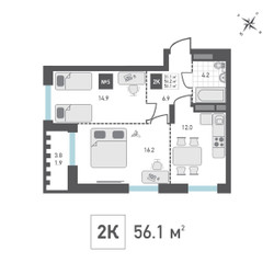 Планировка двухкомнатной(квартира) площадью 56.1 квадратных метров в ЖК “ЖК Зеленоград Ривьера”