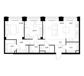 Планировка двухкомнатной(квартира) площадью 74.61 квадратных метров в ЖК “ЖК НОВА”
