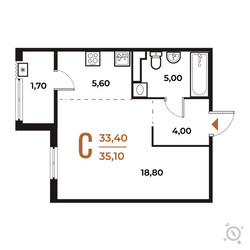 Планировка студии(квартира) площадью 35.1 квадратных метров в ЖК “ЖК Новое Летово”