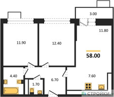 Планировка двухкомнатной(квартира) площадью 58 квадратных метров в “ЖК Скандинавия”