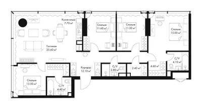 Планировка 4+ комнатной(квартира) площадью 115.1 квадратных метров в ЖК “ЖК Слава”