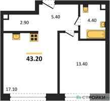 Планировка однокомнатной(квартира) площадью 43.2 квадратных метров в “ЖК Shagal (Шагал)”