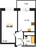 Планировка однокомнатной(квартира) площадью 35 квадратных метров в “ЖК Одинцовские кварталы”