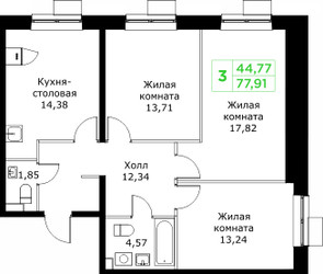 Планировка трехкомнатной(квартира) площадью 77.91 квадратных метров в ЖК “ЖК КИТ 2”