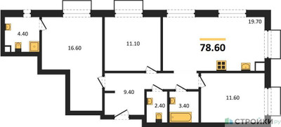 Планировка трехкомнатной(квартира) площадью 78.6 квадратных метров в ЖК “ЖК Дмитровское небо”