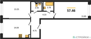 Планировка двухкомнатной(квартира) площадью 57.46 квадратных метров в “ЖК Рублевский Квартал”