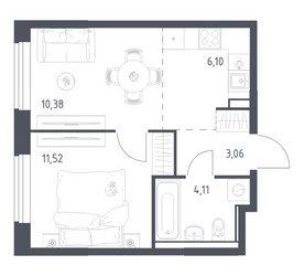 Планировка однокомнатной(квартира) площадью 35.17 квадратных метров в ЖК “ЖК Квартал Ивакино”