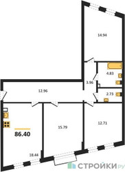 Планировка трехкомнатной(квартира) площадью 86.4 квадратных метров в ЖК “ЖК Эльйон”