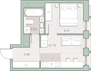 Планировка однокомнатной(квартира) площадью 31 квадратных метров в ЖК “ЖК Среда на Кутузовском”