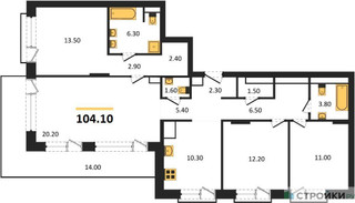 Планировка трехкомнатной(квартира) площадью 104.1 квадратных метров в “ЖК The LAKE (Лэйк)”