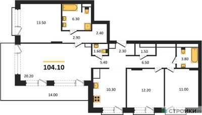 Планировка трехкомнатной(квартира) площадью 104.1 квадратных метров в ЖК “ЖК The LAKE (Лэйк)”