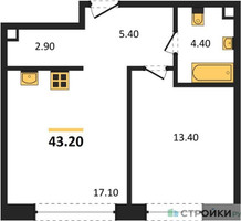 Планировка однокомнатной(квартира) площадью 43.2 квадратных метров в “ЖК Shagal (Шагал)”