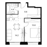 Планировка двухкомнатной(апартаменты) площадью 44.9 квадратных метров в “Апарт-комплекс Аквилон Сигнал”