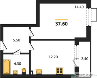 Планировка однокомнатной(квартира) площадью 37.6 квадратных метров в ЖК “ЖК Прокшино”