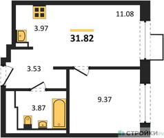 Планировка однокомнатной(квартира) площадью 31.82 квадратных метров в “ЖК Пригород Лесное”