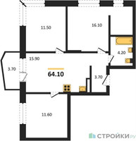 Планировка трехкомнатной(квартира) площадью 64.1 квадратных метров в “ЖК "Коллекция"”