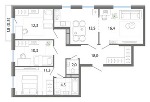 Планировка 4+ комнатной(квартира) площадью 88.8 квадратных метров в “ЖК G3 Театральный”