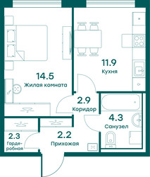 Планировка однокомнатной(квартира) площадью 38.1 квадратных метров в ЖК “ЖК Равновесие”
