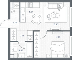 Планировка однокомнатной(квартира) площадью 42.48 квадратных метров в “ЖК TATE (Тэйт)”