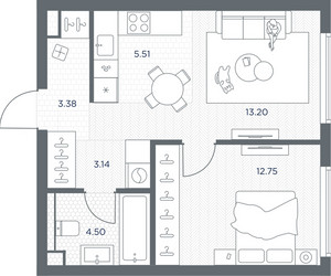 Планировка однокомнатной(квартира) площадью 42.48 квадратных метров в ЖК “ЖК TATE (Тэйт)”