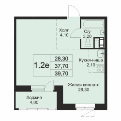 Планировка однокомнатной(апартаменты) площадью 39.7 квадратных метров в ЖК “ЖК Кашинцево”