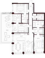 Планировка трехкомнатной(квартира) площадью 166.2 квадратных метров в ЖК “ЖК Климашкина 7/11”