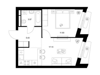 Планировка однокомнатной(квартира) площадью 38.06 квадратных метров в ЖК “ЖК Ильинские луга”