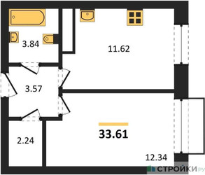 Планировка однокомнатной(квартира) площадью 33.61 квадратных метров в ЖК “ЖК Новоград Павлино”