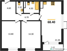 Планировка двухкомнатной(квартира) площадью 68.4 квадратных метров в “ЖК Прокшино”