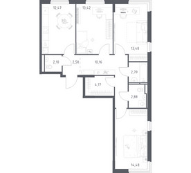 Планировка трехкомнатной(квартира) площадью 78.53 квадратных метров в ЖК “ЖК Мытищи Парк”