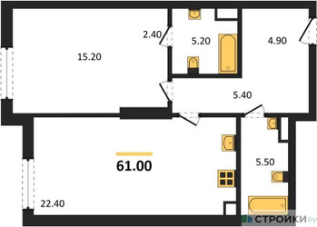 Планировка однокомнатной(квартира) площадью 61 квадратных метров в ЖК “ЖК Крылатская 33”