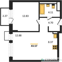 Планировка однокомнатной(квартира) площадью 43.57 квадратных метров в “ЖК Квартал Западный”