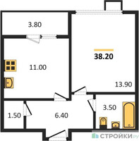 Планировка однокомнатной(квартира) площадью 38.2 квадратных метров в “ЖК Первый Лермонтовский”