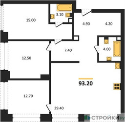 Планировка трехкомнатной(квартира) площадью 93.2 квадратных метров в ЖК “ЖК Архитектурный проект RAKURS (Ракурс)”