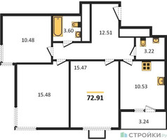 Планировка трехкомнатной(квартира) площадью 72.9 квадратных метров в “ЖК Одинград. Квартал Семейный”