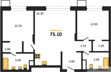 Планировка двухкомнатной(квартира) площадью 75.1 квадратных метров в ЖК “ЖК Резиденции Сколково”