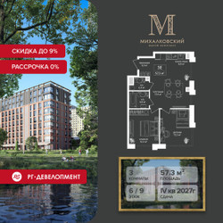 Планировка трехкомнатной(квартира) площадью 57.3 квадратных метров в ЖК “ЖК Михалковский”