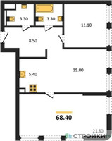 Планировка двухкомнатной(квартира) площадью 68.4 квадратных метров в “ЖК STONE Sokolniki (Сокольники)”