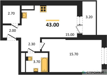 Планировка однокомнатной(квартира) площадью 43.4 квадратных метров в ЖК “ЖК Одинцовские кварталы”
