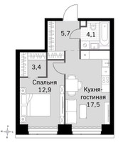 Планировка однокомнатной(квартира) площадью 43.6 квадратных метров в ЖК “ЖК Amber City (Амбер Сити)”