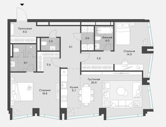 Планировка двухкомнатной(апартаменты) площадью 107.5 квадратных метров в ЖК “ЖК AHEAD”