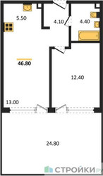 Планировка однокомнатной(квартира) площадью 46.8 квадратных метров в ЖК “ЖК Скандинавия”