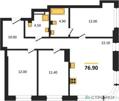 Планировка трехкомнатной(квартира) площадью 76.9 квадратных метров в “Архитектурный проект U2 (ЮТУ)”