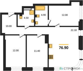 Планировка трехкомнатной(квартира) площадью 76.9 квадратных метров в ЖК “Архитектурный проект U2 (ЮТУ)”