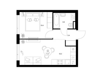 Планировка однокомнатной(квартира) площадью 33.9 квадратных метров в ЖК “Бунинская набережная”