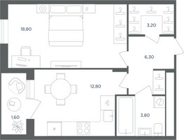 Планировка однокомнатной(квартира) площадью 44.4 квадратных метров в “ЖК Равновесие”