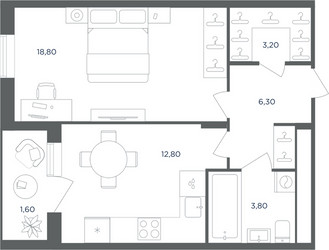 Планировка однокомнатной(квартира) площадью 44.4 квадратных метров в ЖК “ЖК Равновесие”