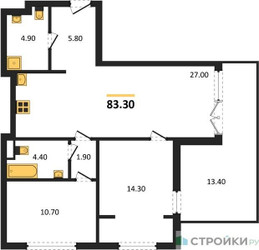 Планировка двухкомнатной(квартира) площадью 83.3 квадратных метров в ЖК “ЖК МОНС”